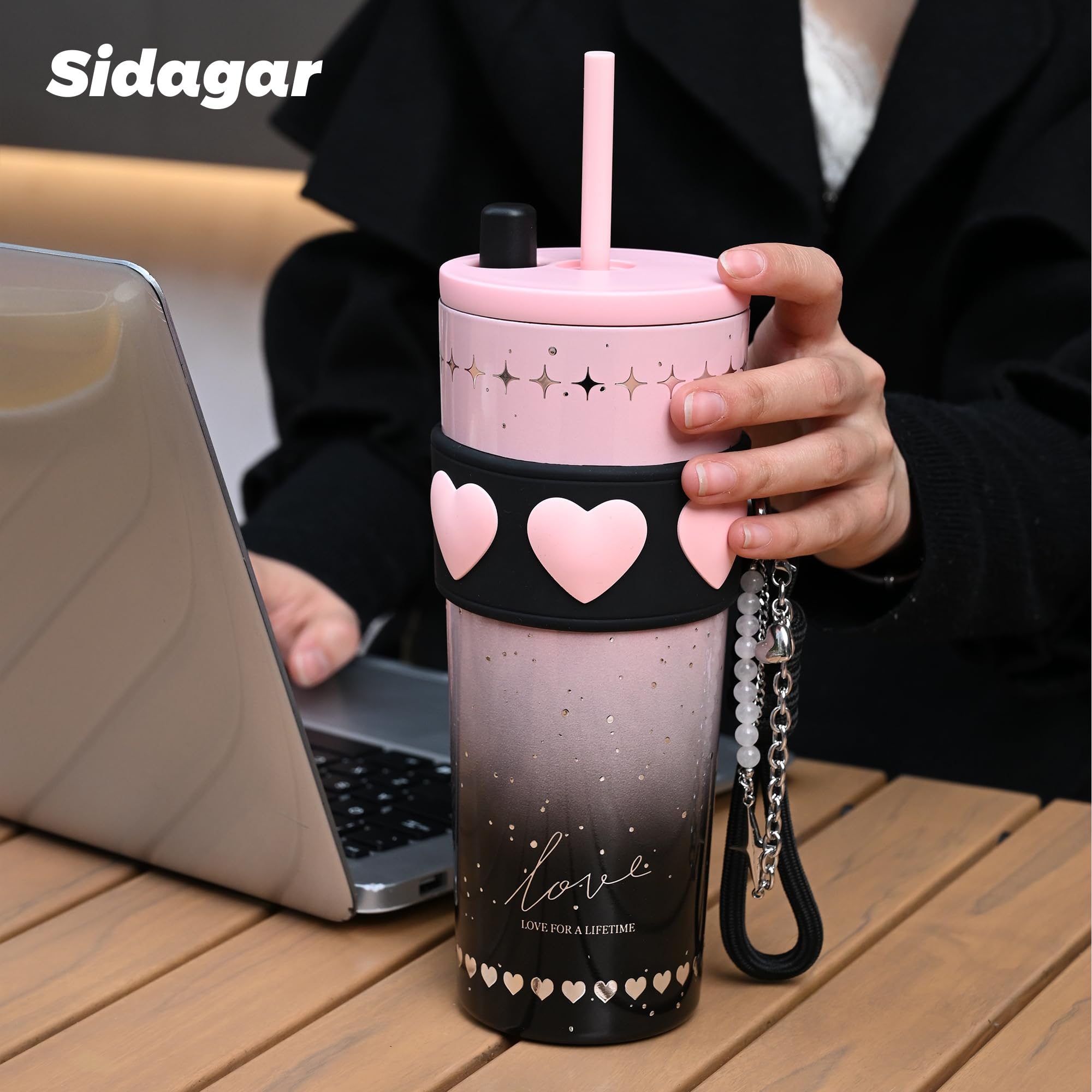 Gobelet en acier inoxydable de 710 ml avec couvercle et paille, tasse à café isotherme, anti-fuite, portable, réutilisable, tasse à café isotherme pour femme, rose