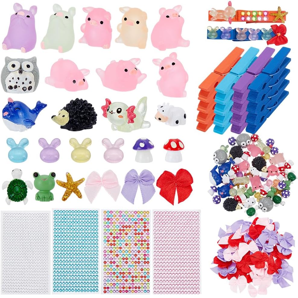 AHANDMAKER 60Pcs Cheer Pins Spirit Clips Clothes Wooden Cheer Pins, 132Pcs Mini Resin Animals Bows 4 Sheets Self Adhesive Stickers for Bag Decorations Team Classroom Cheer Gifts Bulk