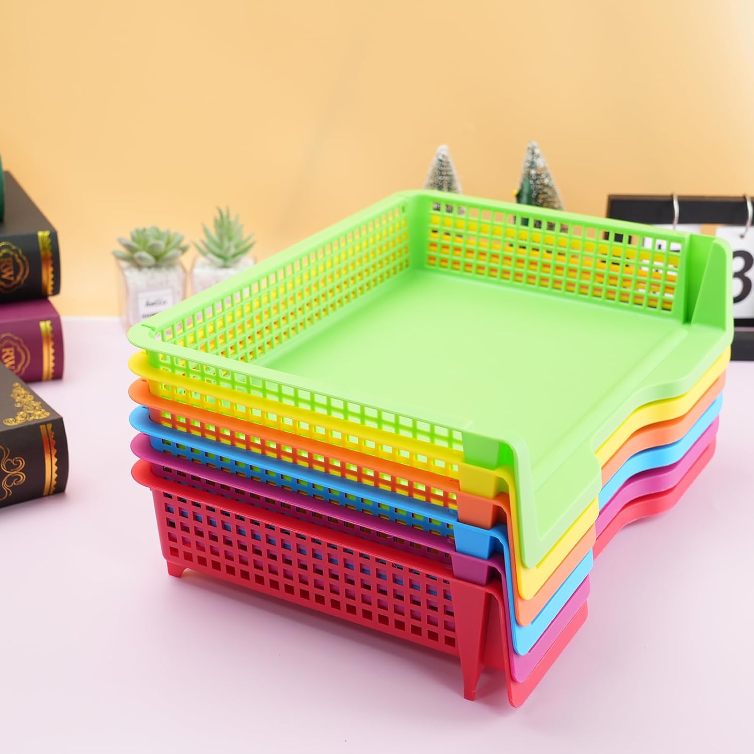 ZZYFGH 6 Pack in Trays for Teachers, Plastic Classroom Paper Organizers, Colorful Storage Baskets for Office, Stackable Office Desktop Document Paper Storage(13.4 * 9.5 * 2.7in)