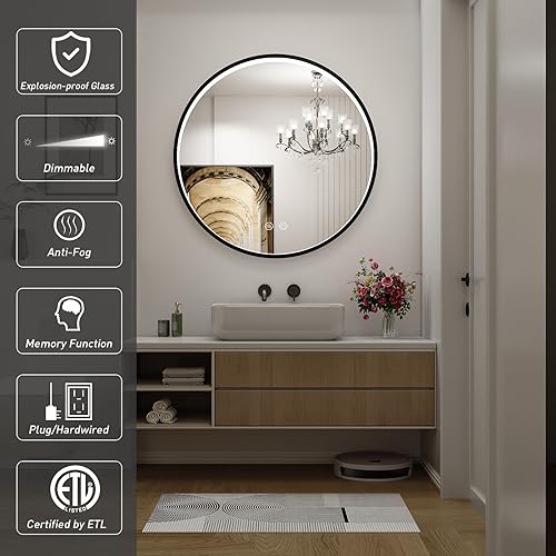 Miniatura 2 de Espejo de baño LED redondo de 24 pulgadas, espejo de tocador antivaho regulable con control táctil, luz natural de 6000 K, marco de metal negro,