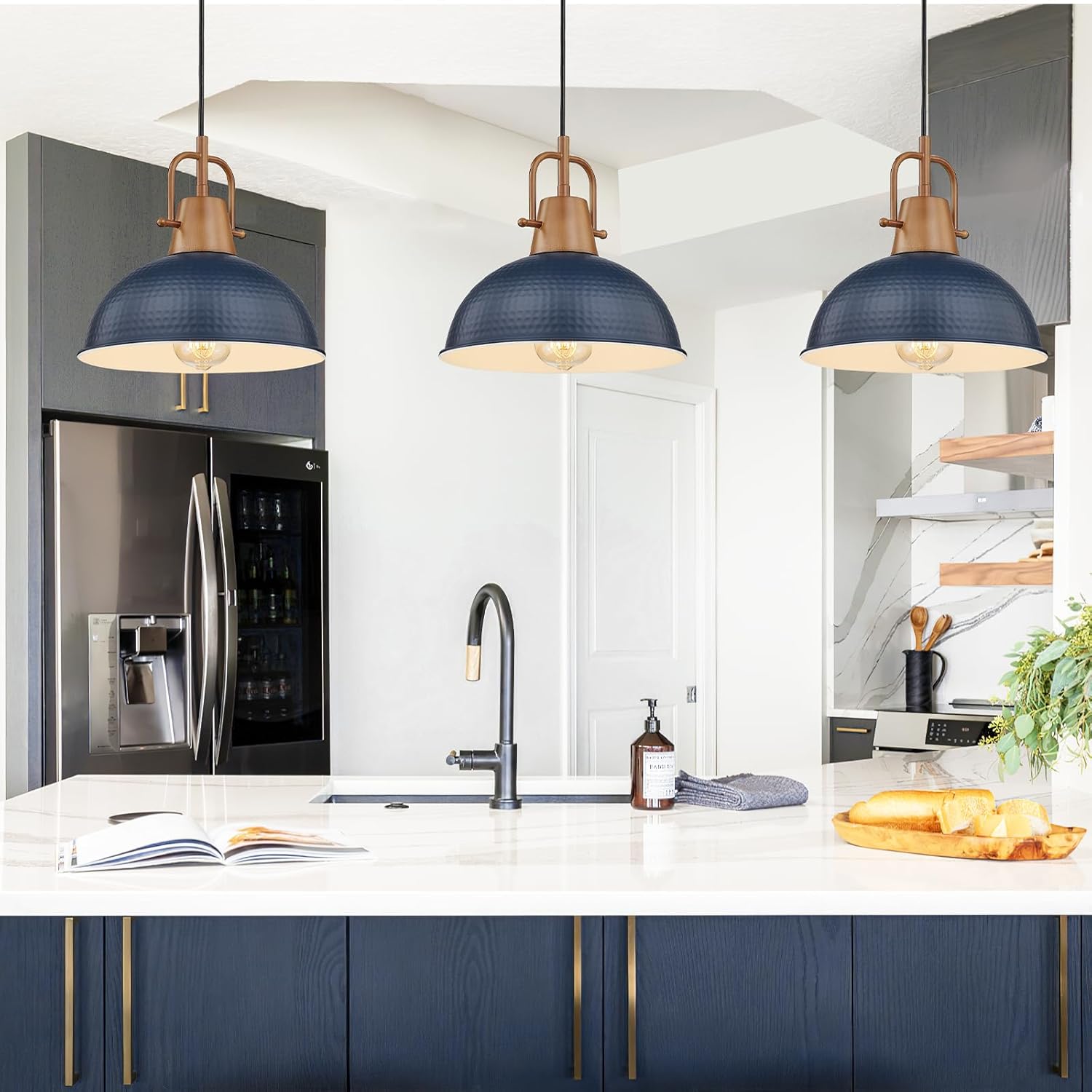 Emliviar 3 Pack Dome Chandeliers, Vintage Blue Pendant Lights with Wood Grain Part, GE269MIL-3 BL+WD