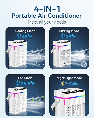 Miniatura 7 de Aire acondicionado portátil, mini aire acondicionado portátil de 42.3 fl oz, ventilador de refrigeración de aire con 3 velocidades y temporizador de