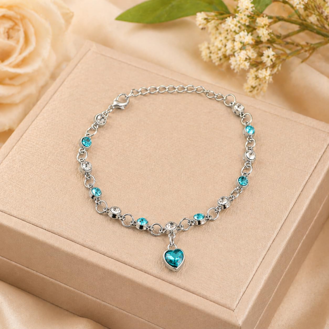 University Trendz Blue Heart Crystal Charm Bracelet for Girls & Women | Rhodium Plated Adjustable Link Bracelet with Zircon Stones 1
