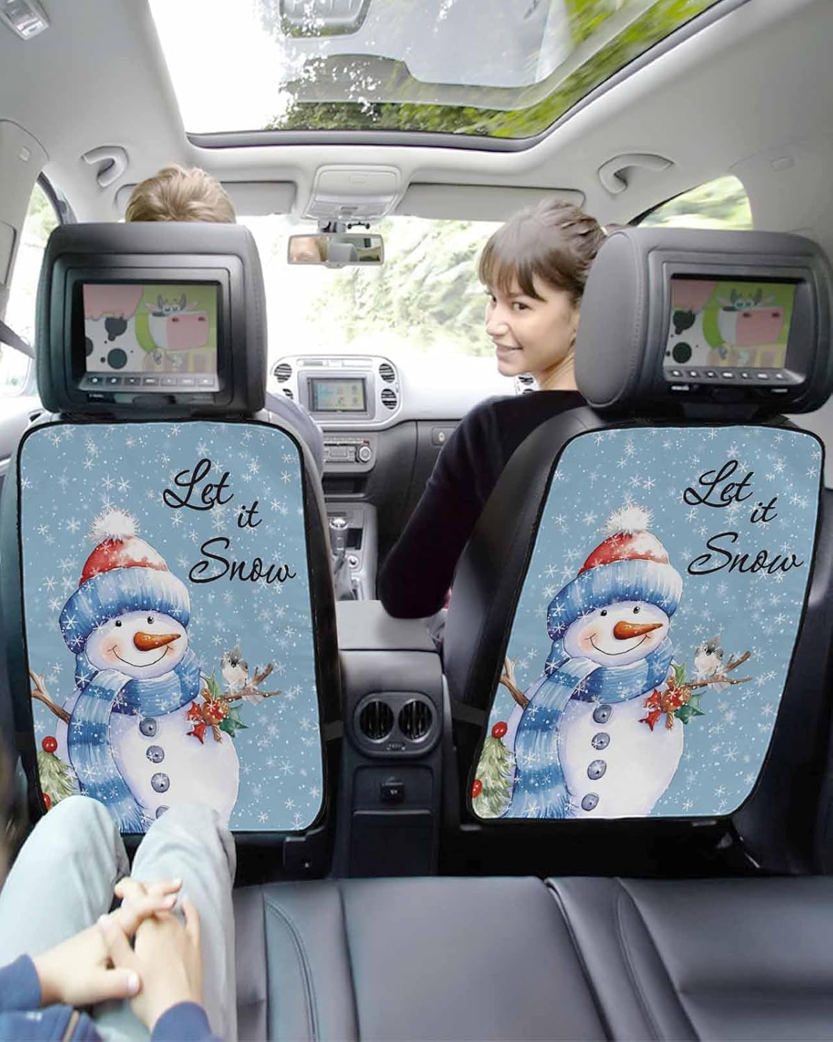 Car Seat Protector, 2 Pack Kick Mats Back Seat Protector Merry Christmas Snowman in Blue Scarf And Hat Snowflake Waterproof Backseat Cover for Kids Universal Fit Automotive Interior Protectors
