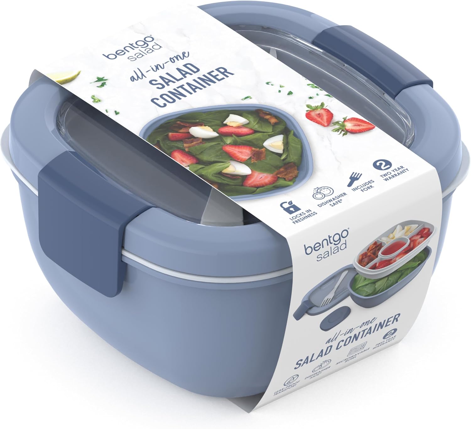 Bentgo Salad Bento Lunch Box Meal Prep Containers, 2-Pack | 4-Cup Bowl, 3 Food Compartments, Dressing Container, Built-In Utensil (Slate)