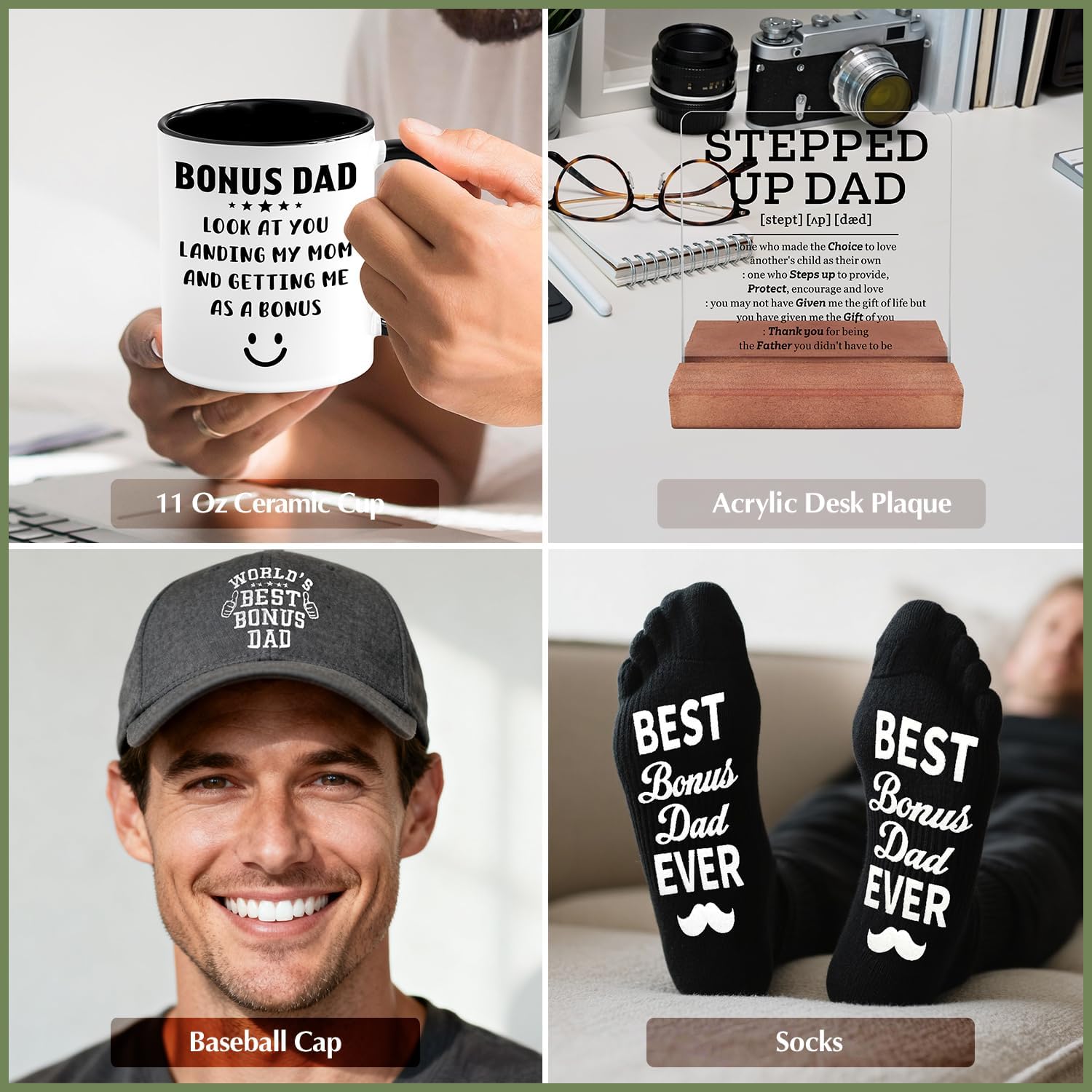11 PCS Step Dad Gift with 11 Oz Ceramic Cup, Acrylic Desk Plaque Sign, Hat, Socks, Tape Measure, Christmas Gifts, Bonus Dad Gifts, Birthday, Father's Day Gift from Stepchild