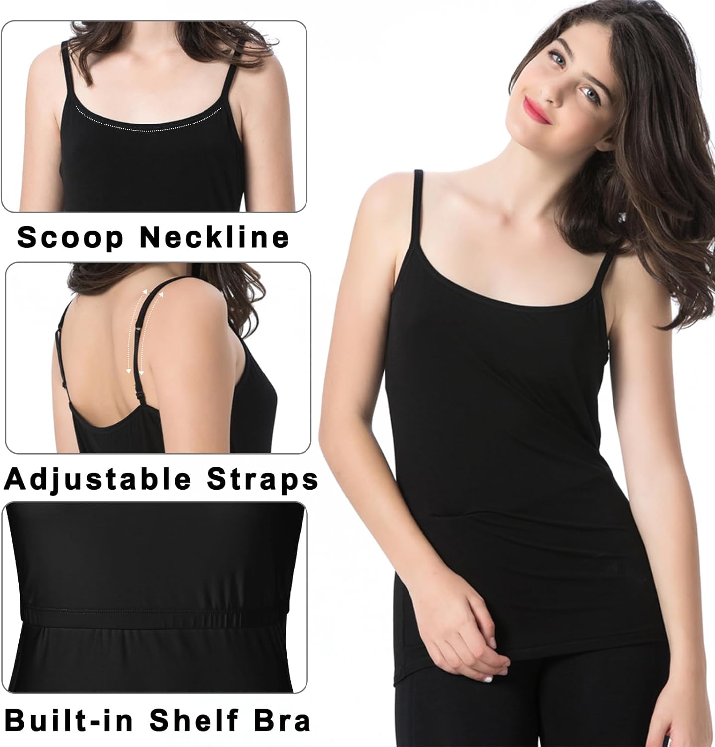 Ibeauti Womens Camisole with Shelf Bra Cotton Tank Top Adjustable Spaghetti Straps Cami Tops 3 Packs - Image 2