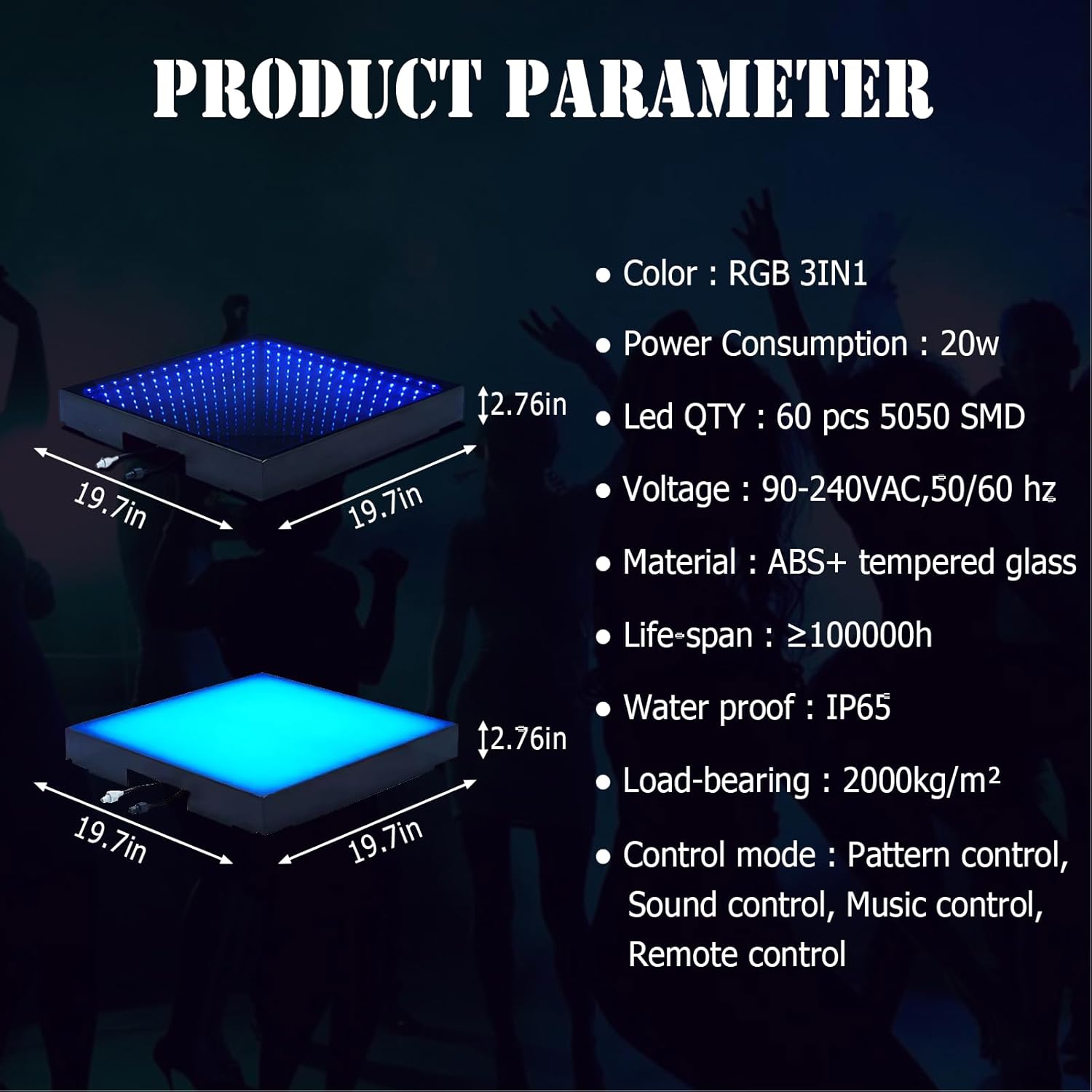 3D Dance Floor Stage Lights Tempered (8 * 8ft) Glass with Flight Case Infinity Mirror Panel 3D Effect LED Dance Floor for Wedding Party (3D&RGB+Wired)