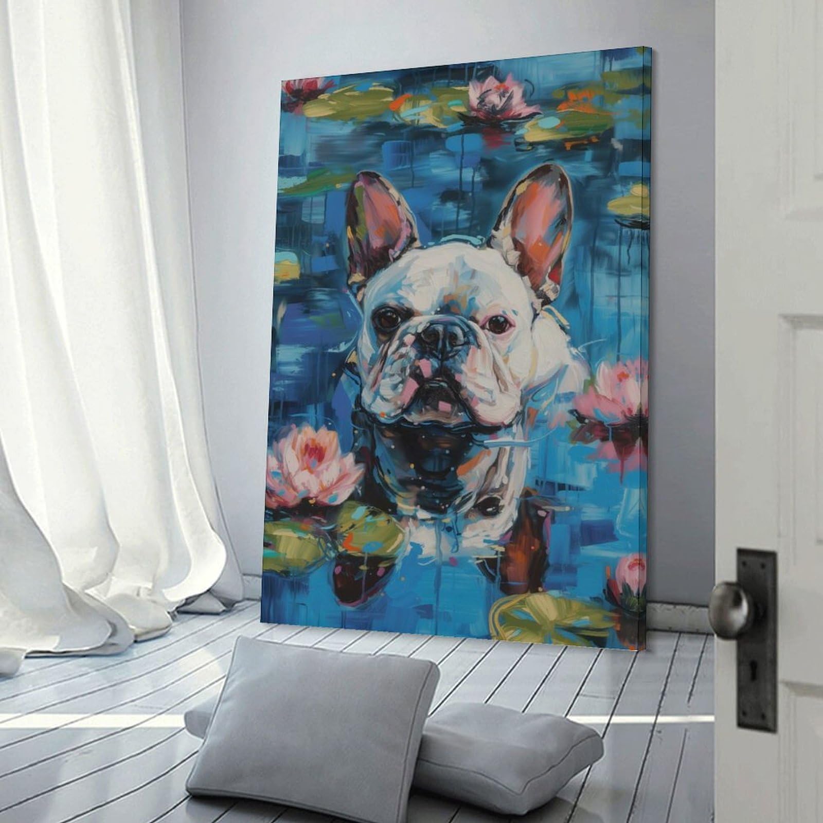 Junmoney French Bulldog in Water Lilies Canvas Wall Decor, 20x30inch(50x75cm), for Art Walls, Layered Displays Or Homes, Home Wall Art for Statement Displays