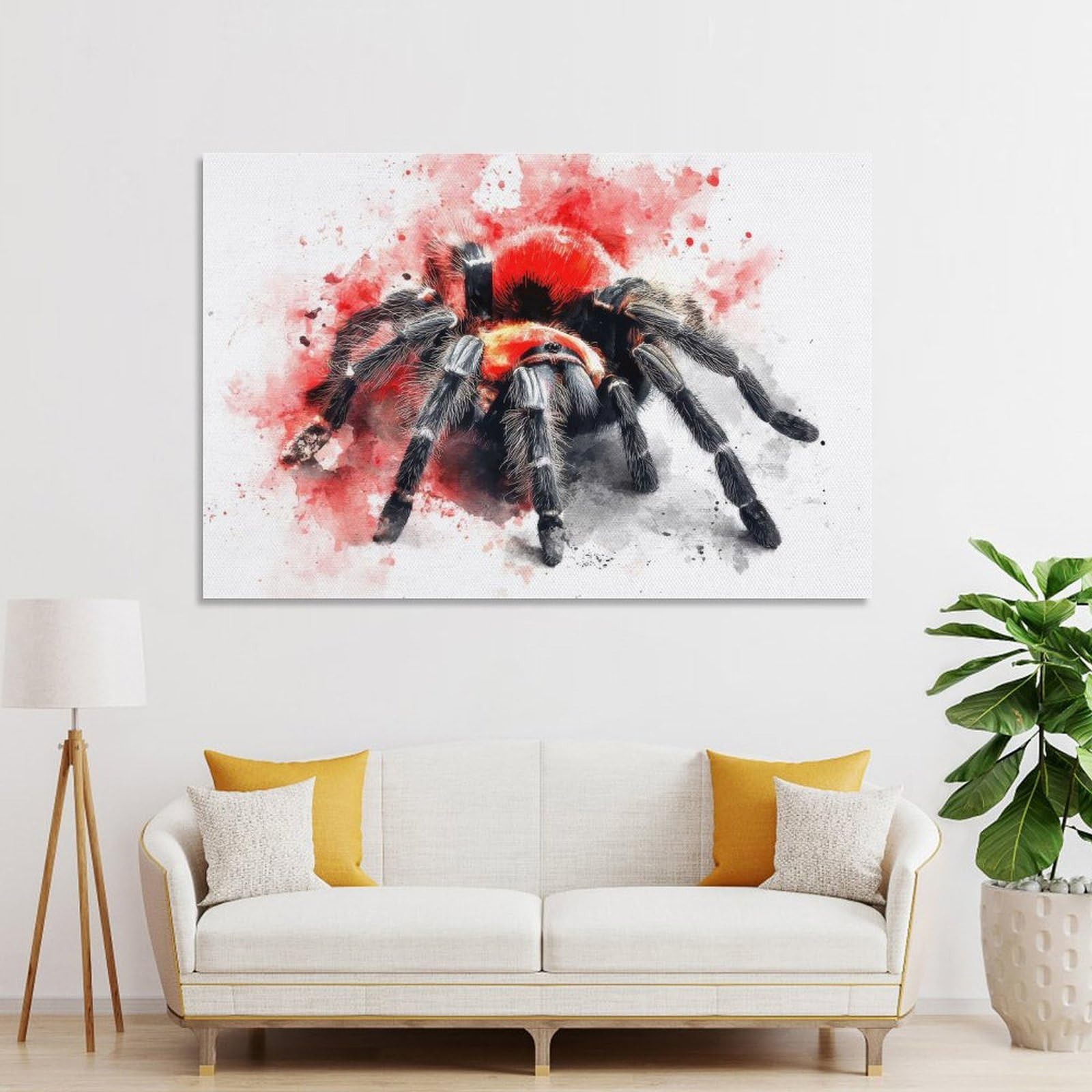 Junmoney Decorative Wall Artwork Watercolor Tarantula with Red Splashes, 20x30inch(50x75cm), for Corridors, Hallways Or Apartment Entries, Wall Decor to Refresh Empty Corners