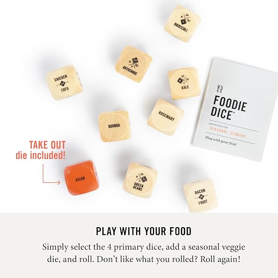 Two Tumbleweeds Foodie Dice Seasonal Dinner Inspiration - Set of 9 Dice | Roll to Decide What to Cook. Includes Take Out Die. Unique Cooking Gift for Foodies, Chefs & Couples