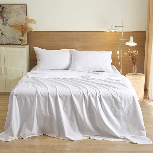 PHF Juego de sábanas de 100 % algodón lavado, tamaño Queen, ultra suave, 4 piezas transpirables que absorben la humedad, duraderas, con bolsillo