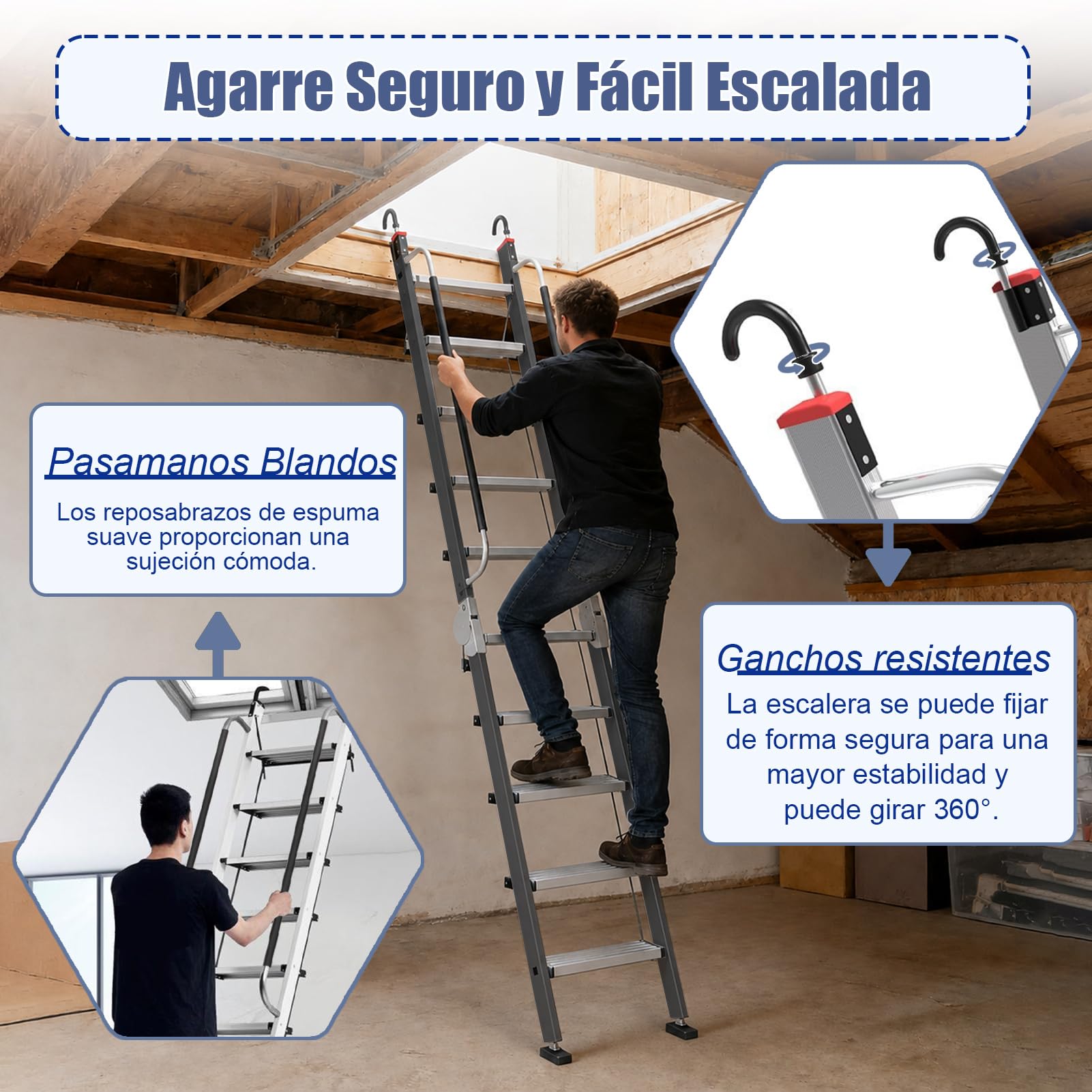 Plegable Escalera de Buhardilla con Pasamanos y Ganchos, 11 Peldaños Antideslizante Escalera para Altillo Apta para Techos de 2,7 a 3 m de Altura, Capacidad de Carga de 150kg