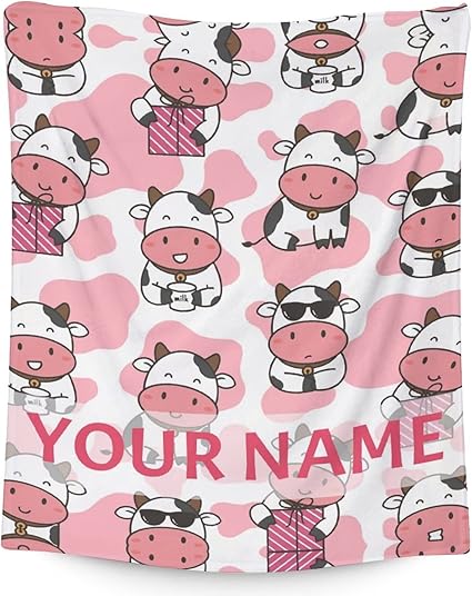 Personalized Cow Blanket Gifts with Name - 30"x40" Cute Throw for Women, Girls - Pink Soft Fuzzy Blankets for Couch & Office