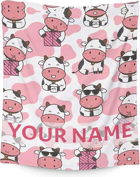 Personalized Cow Blanket Gifts with Name - 30"x40" Cute Throw for Women, Girls - Pink Soft Fuzzy Blankets for Couch & Office