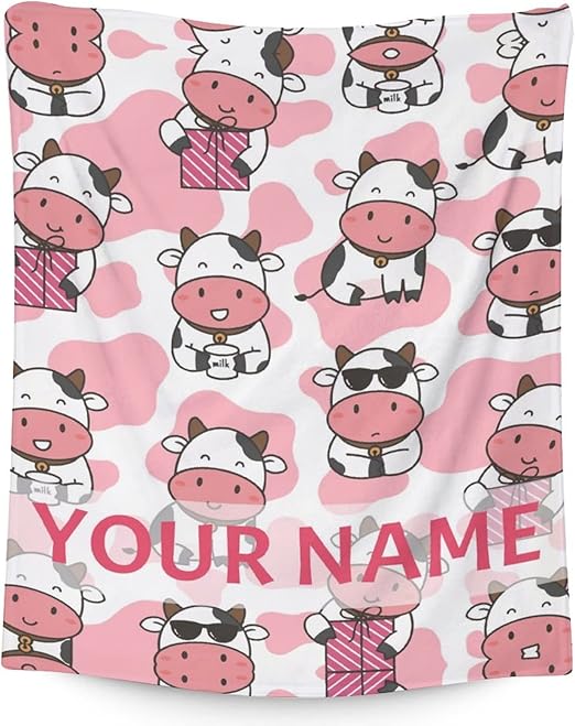 Personalized Cow Blanket Gifts with Name - 30"x40" Cute Throw for Women, Girls - Pink Soft Fuzzy Blankets for Couch & Office