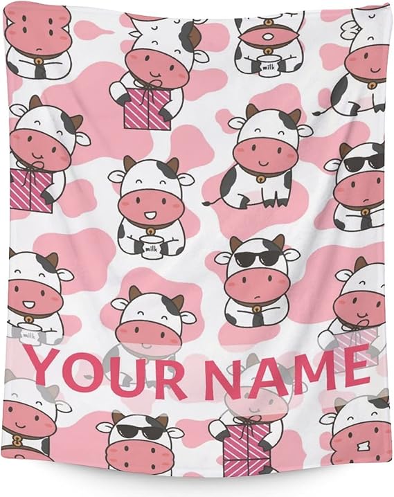 Personalized Cow Blanket Gifts with Name - 30"x40" Cute Throw for Women, Girls - Pink Soft Fuzzy Blankets for Couch & Office