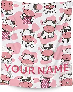 Personalized Cow Blanket Gifts with Name - 30"x40" Cute Throw for Women, Girls - Pink Soft Fuzzy Blankets for Couch & Office
