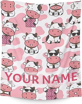 Personalized Cow Blanket Gifts with Name - 30"x40" Cute Throw for Women, Girls - Pink Soft Fuzzy Blankets for Couch & Office