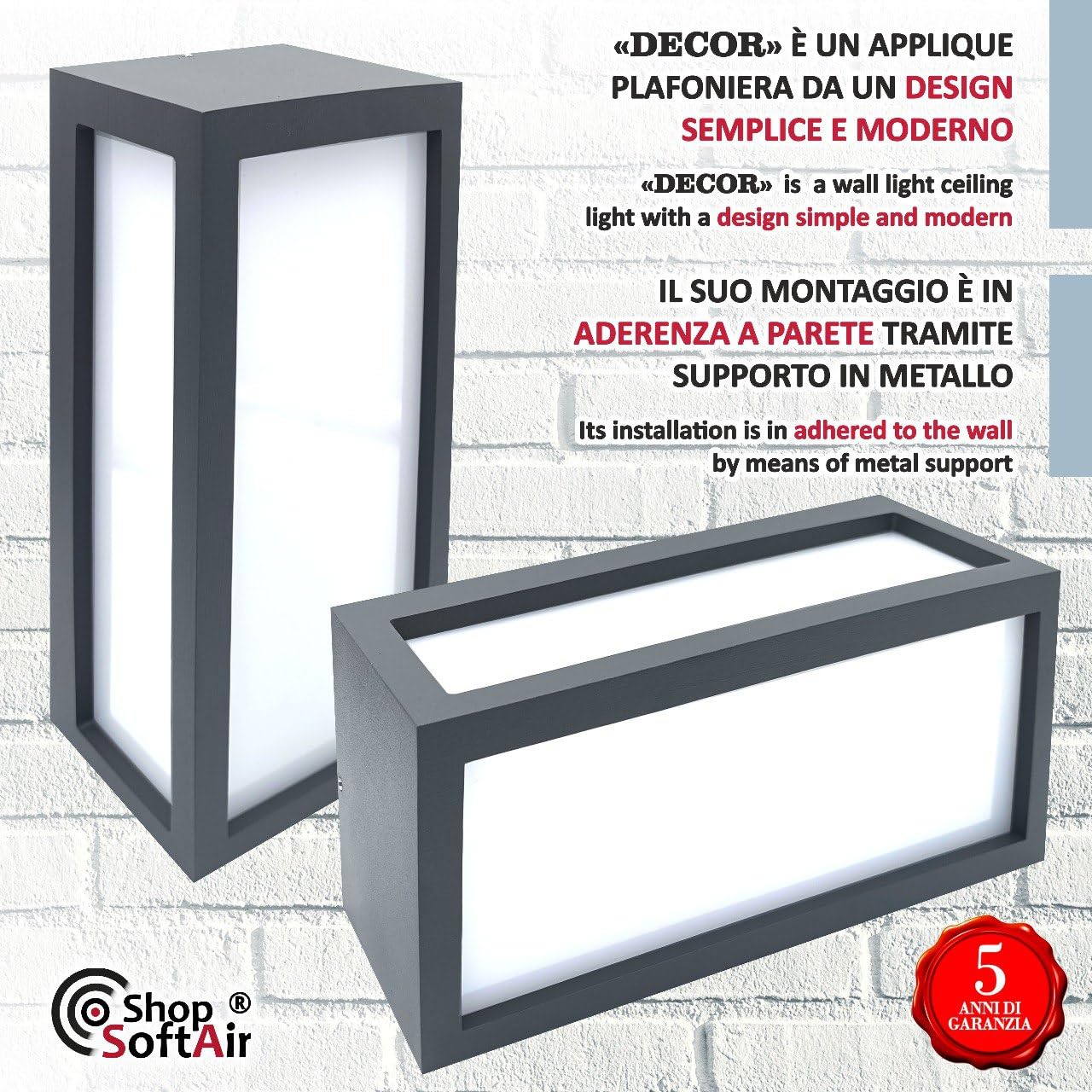 Applique lampada parete da esterno bianco ip54 rettangolare moderna per facciata balcone terrazza - garanzia 5 anni (Antracite)