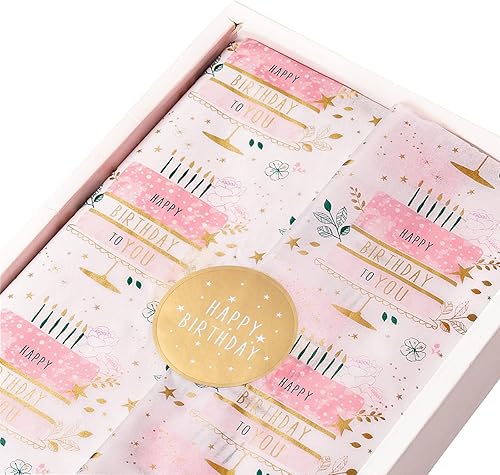 LeZakaa 60 hojas de papel de seda de cumpleaños a granel y 30 calcomanías Pastel con diseño "Happy Birthday" para envoltura de regalo, flores,