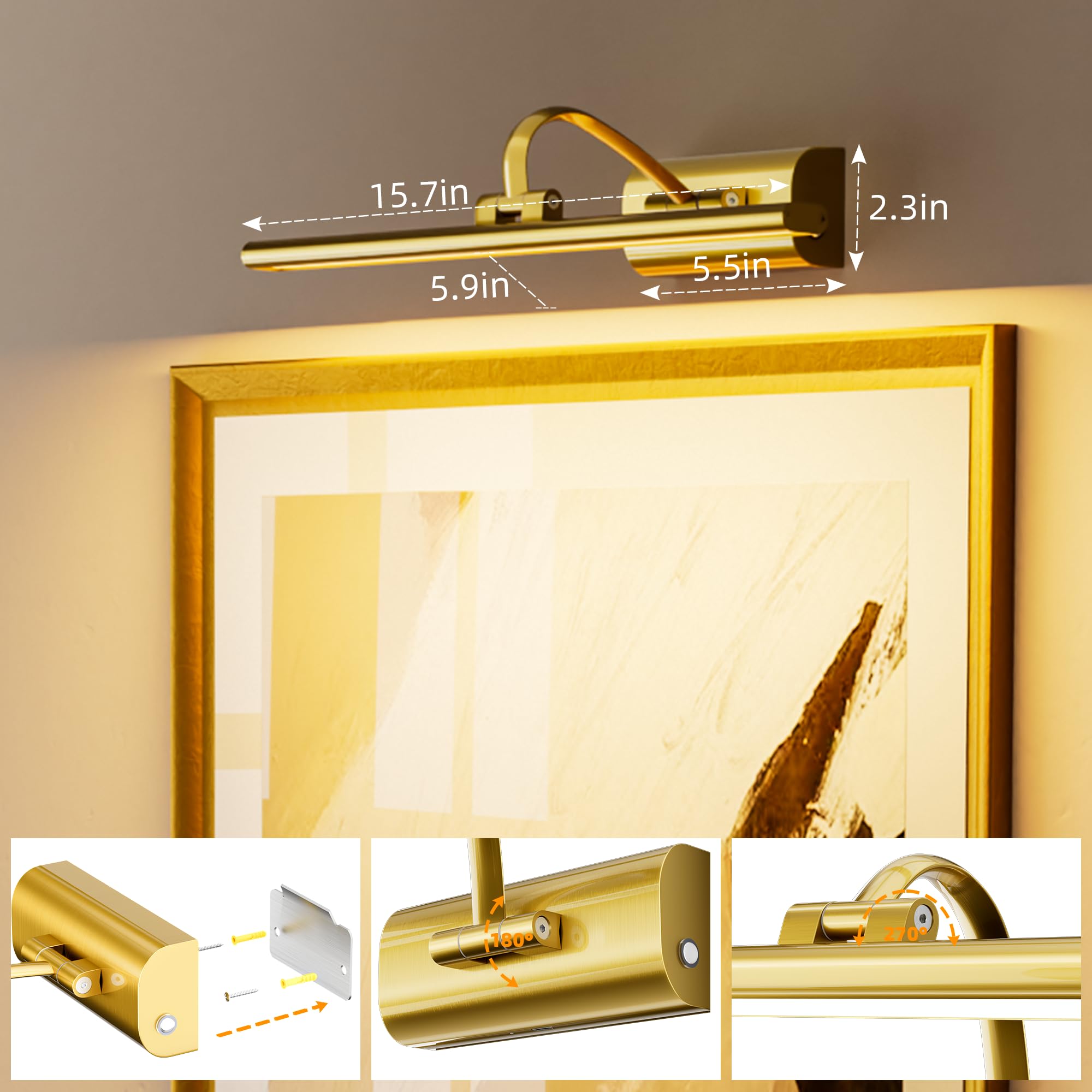 Bildbeleuchtung Kabellos, 5200mAh Akku Bilderleuchte 40cm, LED Wandleuchte Innen mit Fernbedienung & Timer, Dimmbar 3 Farbtemperaturen Bilderlampe für Malen Foto Portrait Dartbrett, Gold
