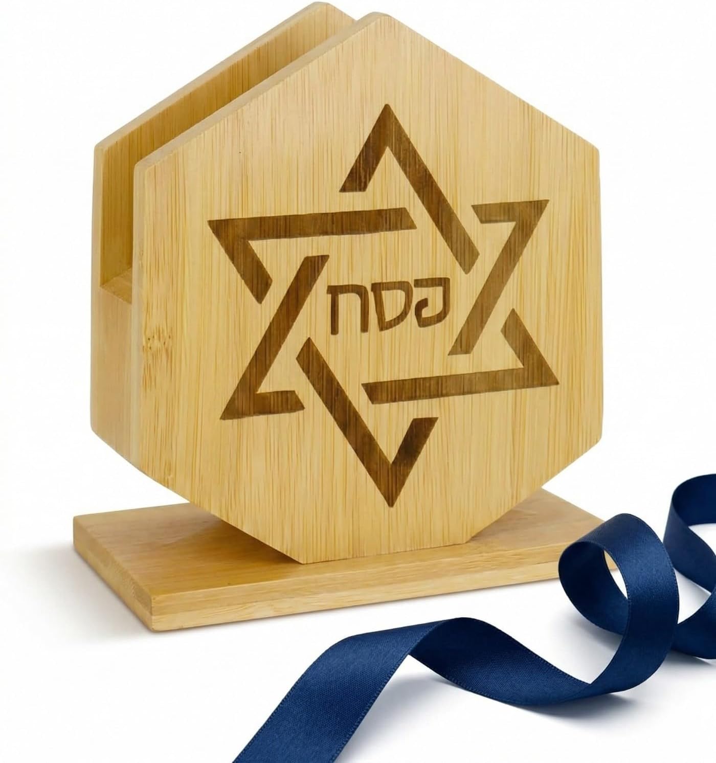 Matzah Holder & Judaica Decor, Bamboo Star of David Napkin & Mail Stand | Pulchrum hexagonal upright organizer for crackers & letters, modern Jewish housewarming gift, year-round table centerpiece