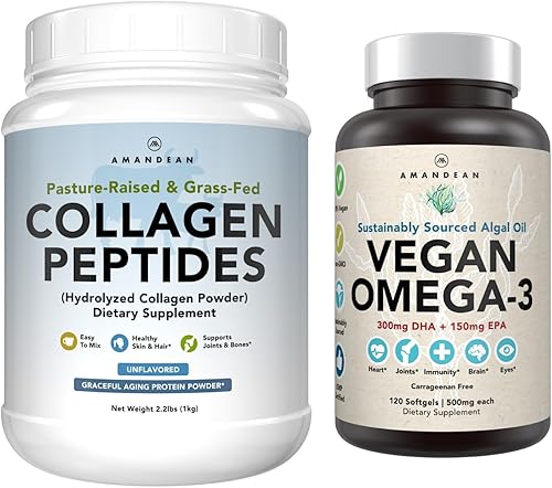 Paquete de piel y articulaciones saludables – Omega-3 vegano premium (120 cápsulas) de algas marinas + péptidos de colágeno alimentados con hierba