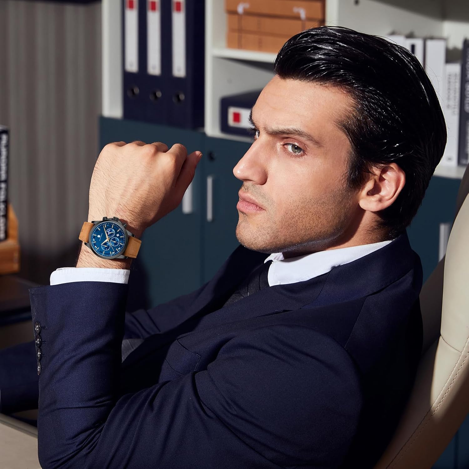 BENYAR Men's Watches Chronograph 50M Waterproof Watch for Men Business Work Sports Casual Fashion Brown Leather Dress Wrist Watch Unique Elegant Gifts for Men - Image 2