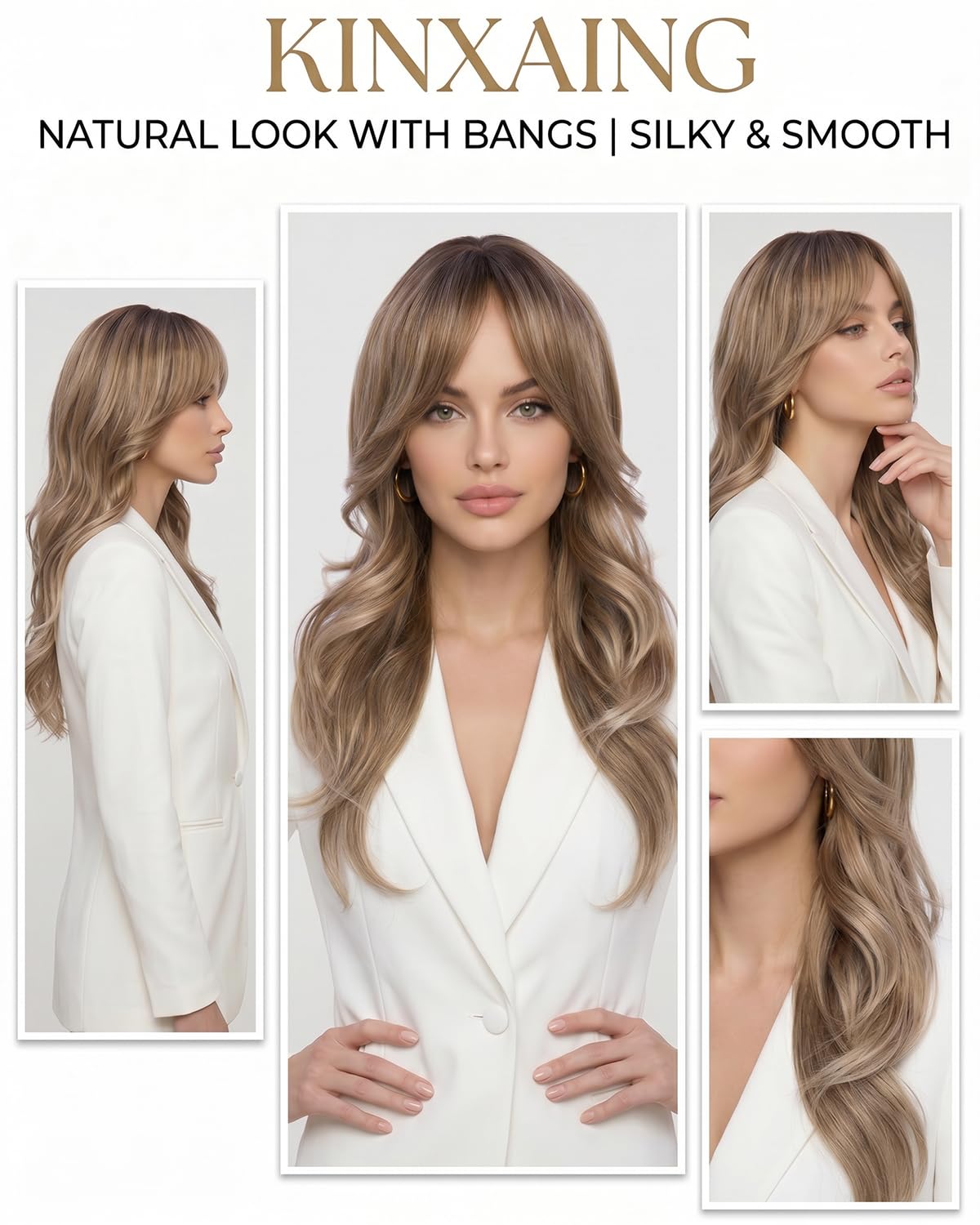 Ombre Blonde Wavy Wig with Curtain Bangs Long Layered Synthetic Dark Blond Hair Wig for Women, Natural Looking Dark Root Heat Resistant Wig, Soft Thick Full Wig for Daily Wear Party Cosplay