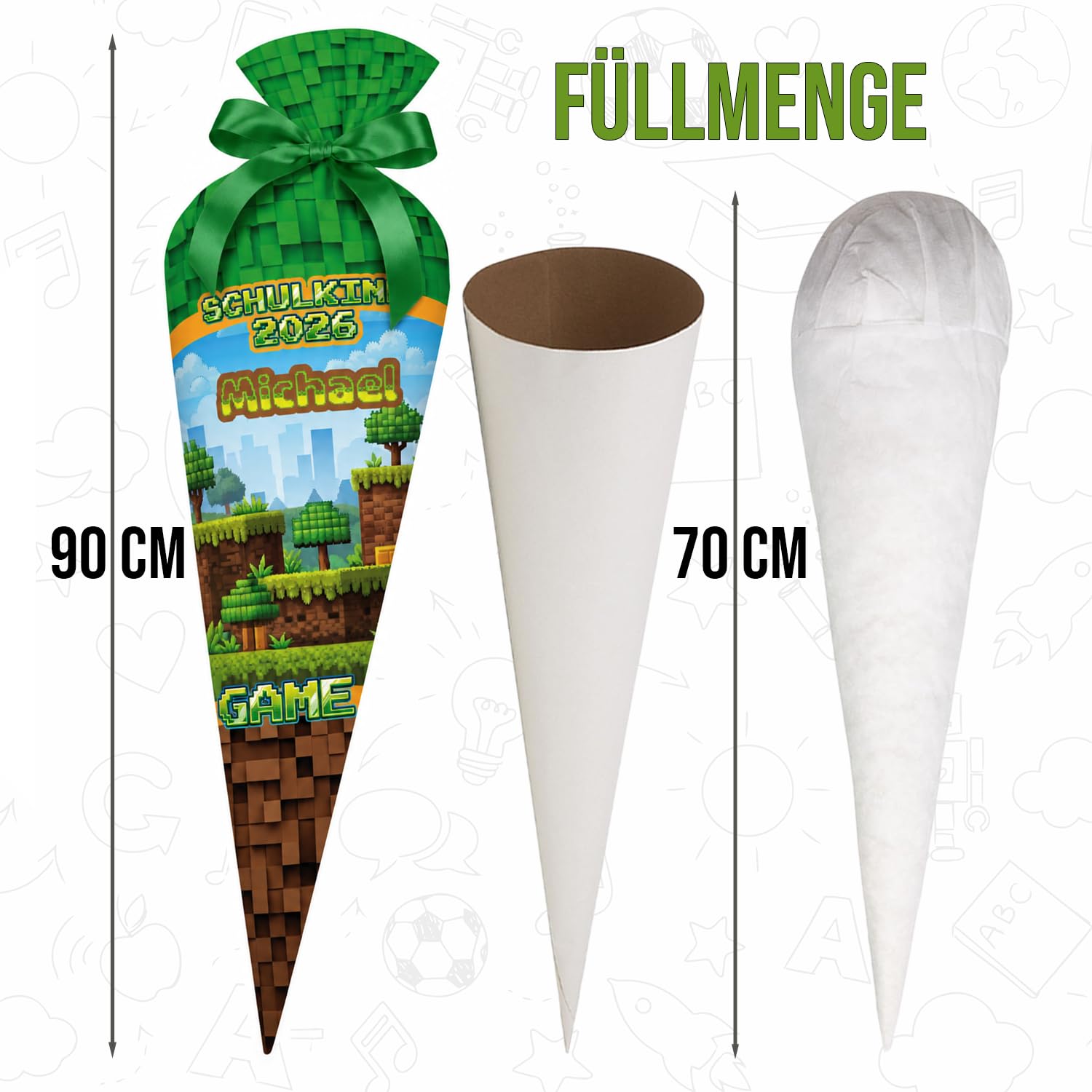 Schultüte Gamer Grün 70 cm personalisierte Zuckertüte aus Stoff mit runde Papprohling und Silikonkügelchen