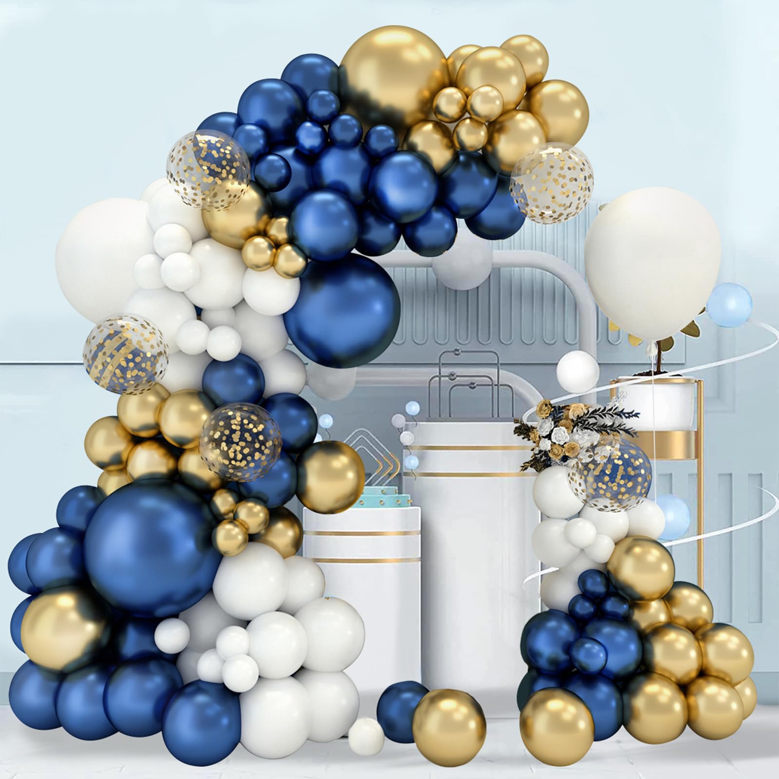 Kit Arco Globos Azules y Dorados,102Pcs Azules Globos De Cumpleaños Con Globos Oro Metálico Blancos Azul Marino,18 12 10 5 Pulgadas Balloon Para Decoración Cumpleaños Baby Shower Bautizo