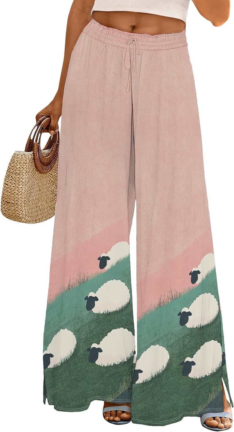 Palazzo Pants for Women Floral Summer Boho Casual Wide Leg Beach High Waist Lounge ...