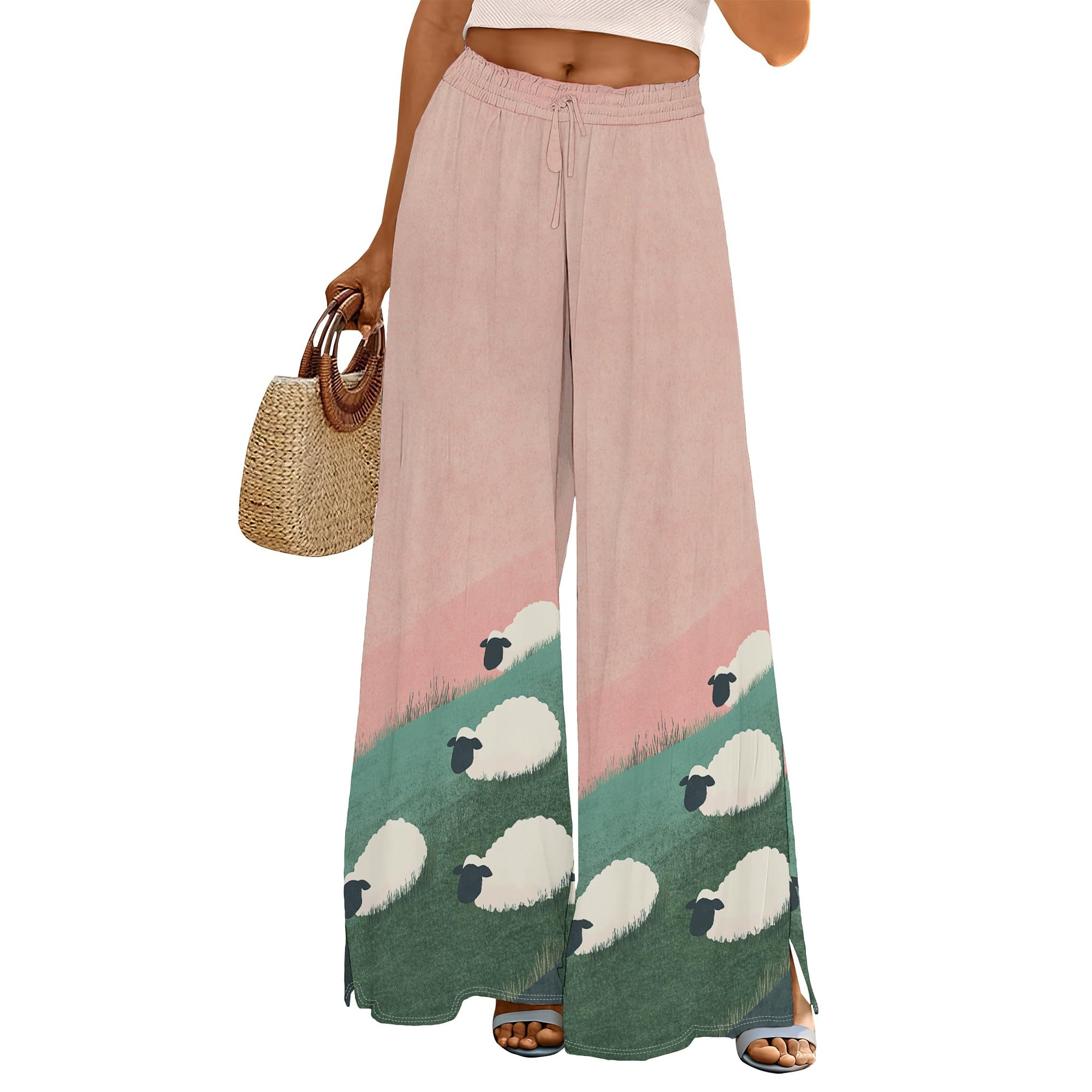 Palazzo Pants for Women Floral Summer Boho Casual Wide Leg Beach High Waist Lounge Ladies Trousers with Pockets