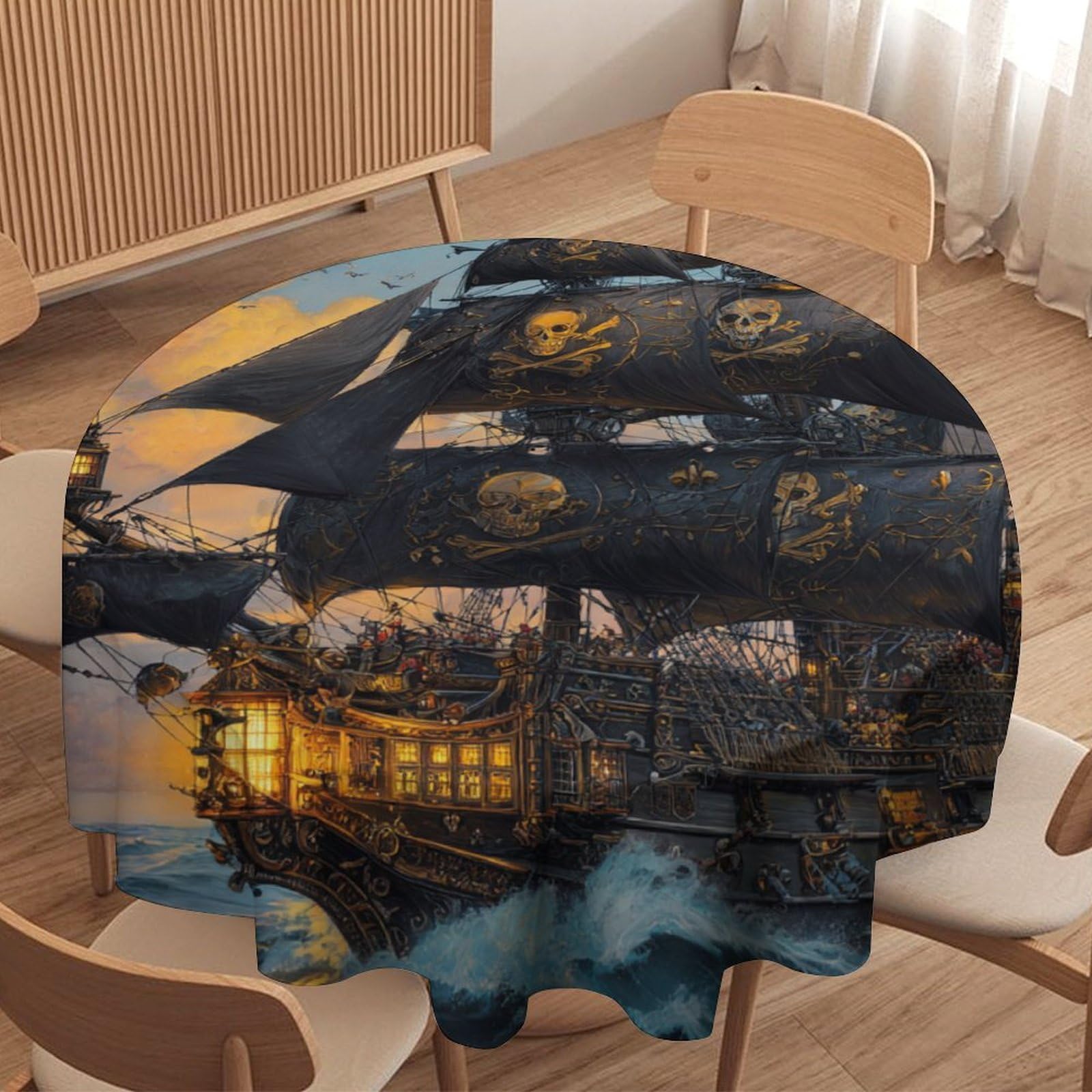 Luyysky Retro Abstract Pirate Ship Round Tablecloth Vintage Nautical Sea Sunset Ocean Waves Animal Bird Seagulls Washable Decor For Table Cover For Kitchen-152.4" Wx152.4 L Cm