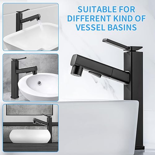 Miniatura 4 de HANLIAN Grifo de lavabo de baño extraíble de una sola manija con boquilla giratoria, moderno grifo de baño alto de un solo orificio con rociador