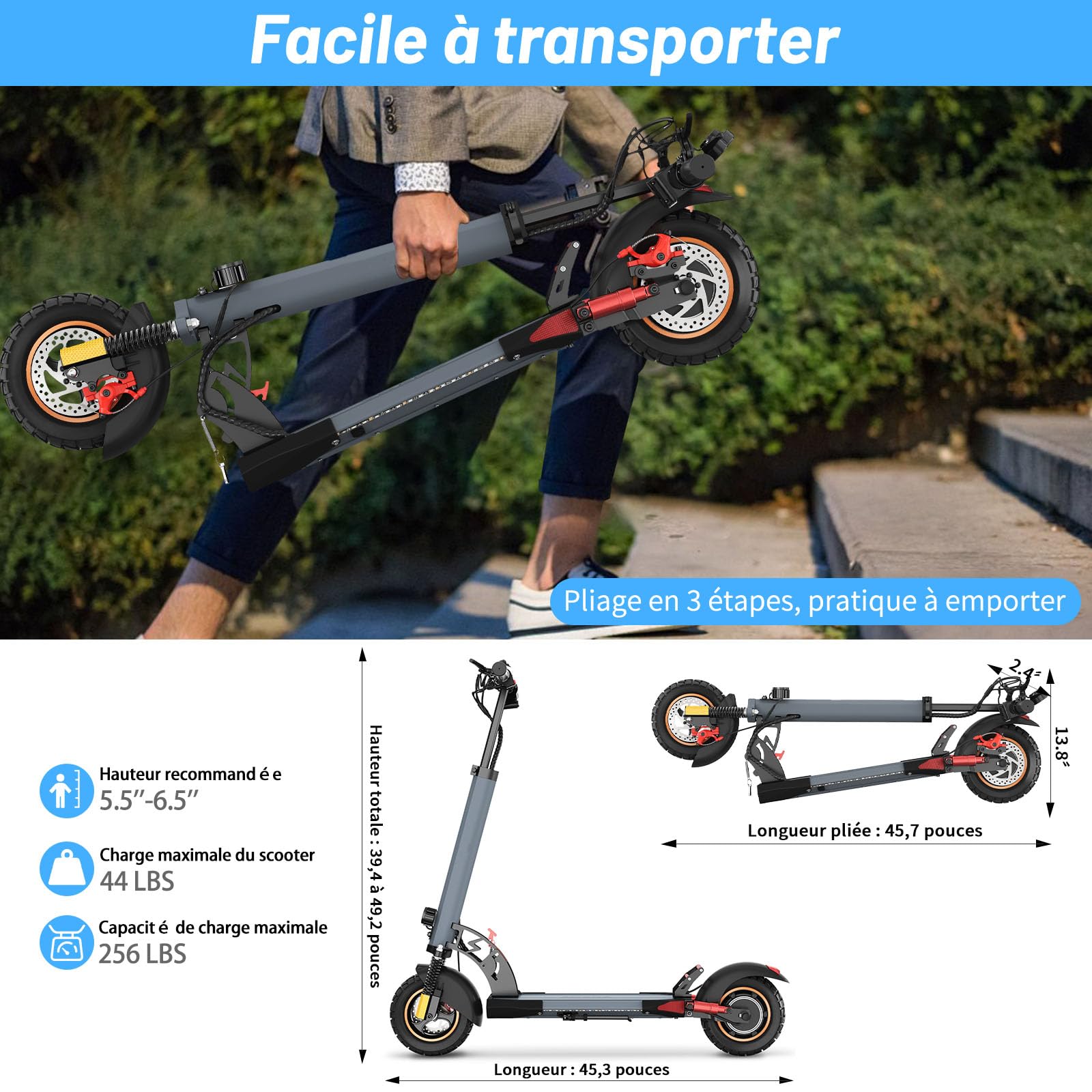 Trottinette Électrique Adulte 800W Moteur,Autonomie 35-40 KM Batterie 48V 12.5Ah Trotinette Electrique Pliable Portable,Roues 10" Tout Terrain Double Suspension Frein à Disque Escooter