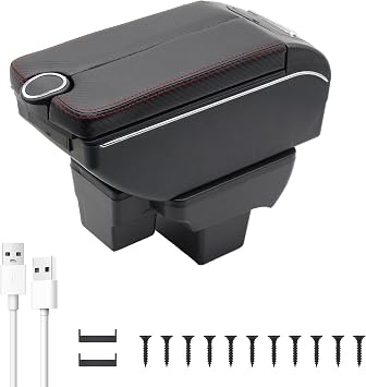 YJYWZH Car Armrest Box for VW Polo 2019-2024 Accessories | 7 USB Ports, Carbon Fiber Leather Arm Rest, Cup Holder, Elbow Support, Drill-Free, Red Thread