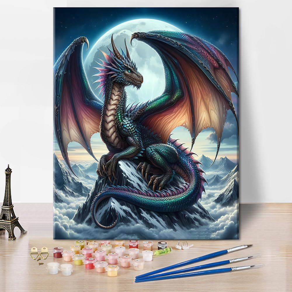 TISHIRON Majestic Dragon & Moon Painting by Numbers for Adults DIY Fantasy Art Set with 40 x 50 cm Canvas Acrylic Paints & Brushes Mystical Wall Decoration as a Gift Idea