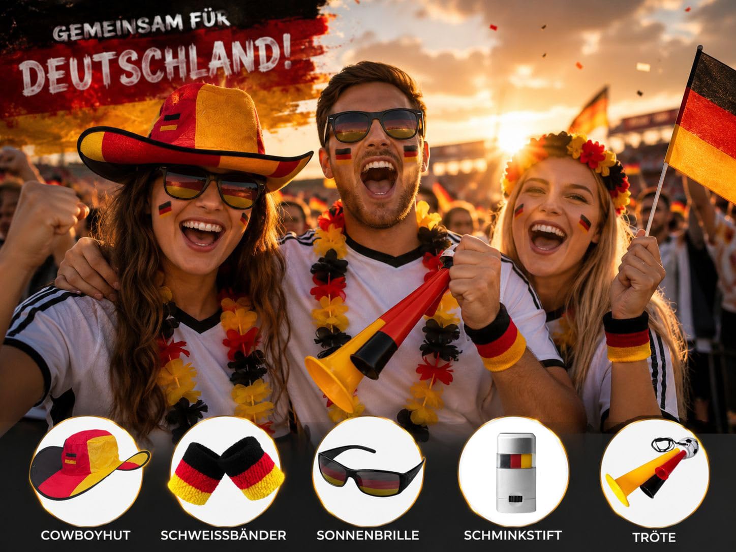 Taffstyle Deutschland Fan Set 5 Teilig Fußball EM WM Fanartikel mit Cowboyhut Sonnenbrille Schminkstift Tröte Schweißbändern Länderflagge Public Viewing