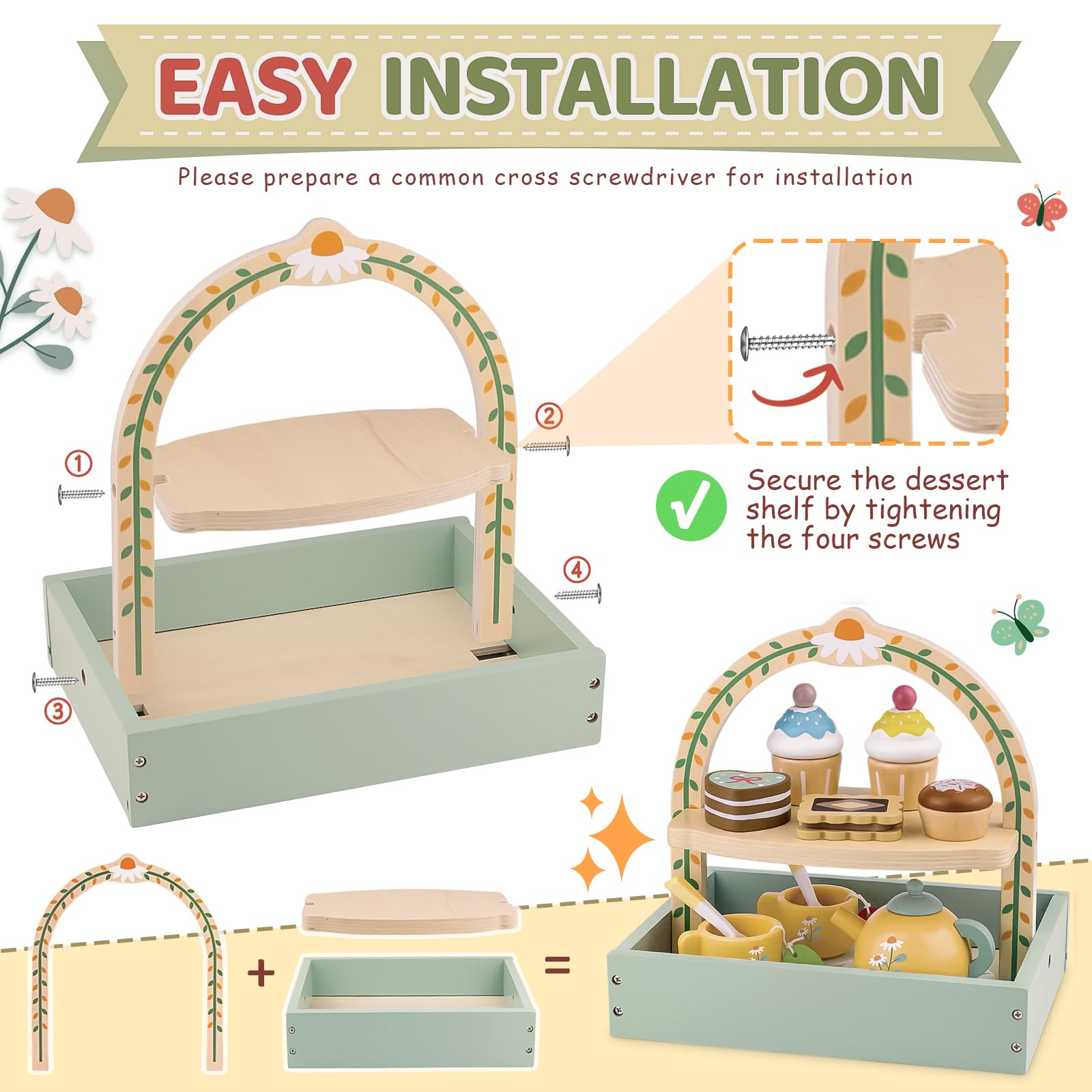 Airlab Set da Tè Bambina Accessori Cucina Giocattolo per Bambini in Legno | Accessori Cucina Legno per Bambini Bambina con Paniere, Cibo Finto Giocattolo Bambino Cucina, Regalo Bimbo Bimba 3 4 5 Anni