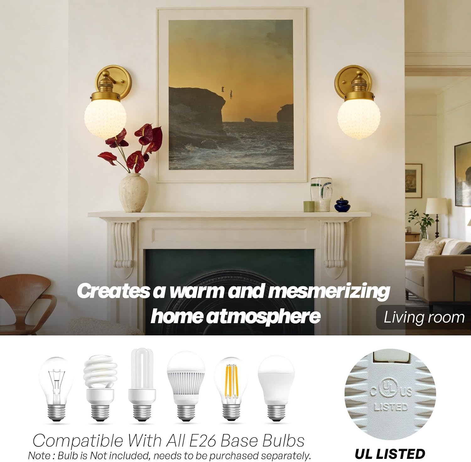 Gold Vanity Light,Vintage Brass Wall Sconce with Milky White Glass, Soft No Glare, Easy Clean, Hardwired E26 Lamp Holder for Bathroom Mirror Kitchen Sink