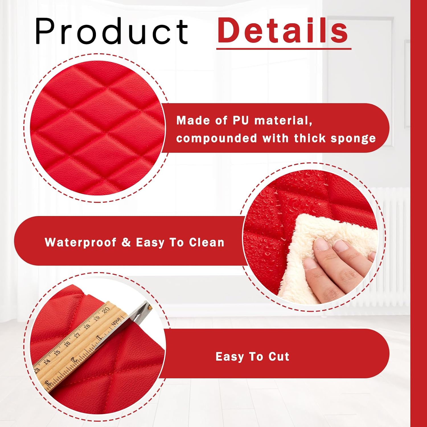 SmoothNovelty 2.1 Yards Diamond Quilted Vinyl Headliner Material 55 in Wide Faux Leather with Foam Backed 2" x 3" Diamonds Pattern Fabric for Car Furniture Upholstery(Red)