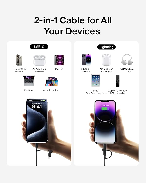 Belkin BoostCharge Braided 2-in-1 USB-C Charging Cable w/USB-C & Lightning Connector (1.5M) Fast & Multi-Charging for iPhone Series, iPad, MacBook, Galaxy Series, Nintendo Switch 2 & More - Black by Belkin - Image 2