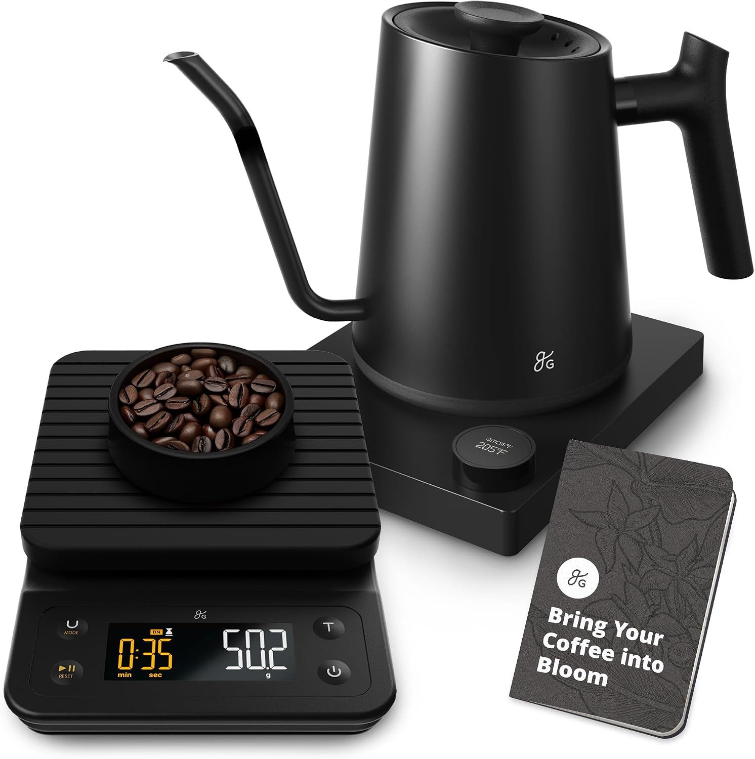 Greater Goods Electric Gooseneck Kettle and Coffee Scale, Designed in St. Louis. Onyx Black.