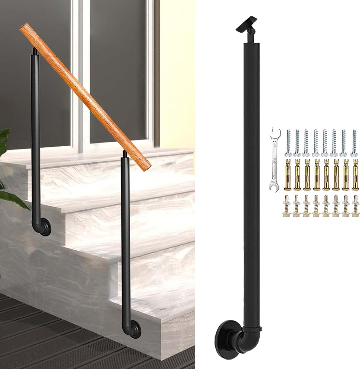 Wrought Iron Post for Outdoor Front Porch Steps, Fit 2 or 4 Steps Stair Railing Kit with Adjustable 270° Angle Brackets, Staircase Railing Support Column(85cm(33.5in))
