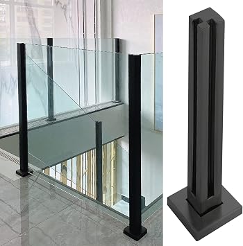 Glass Balustrade Modern Black Glass Railing Post with Base Decor Cover,33"/37"/41" Tall Heavy Duty Floor Mount Glass Balustrade System,for Deck Platform
