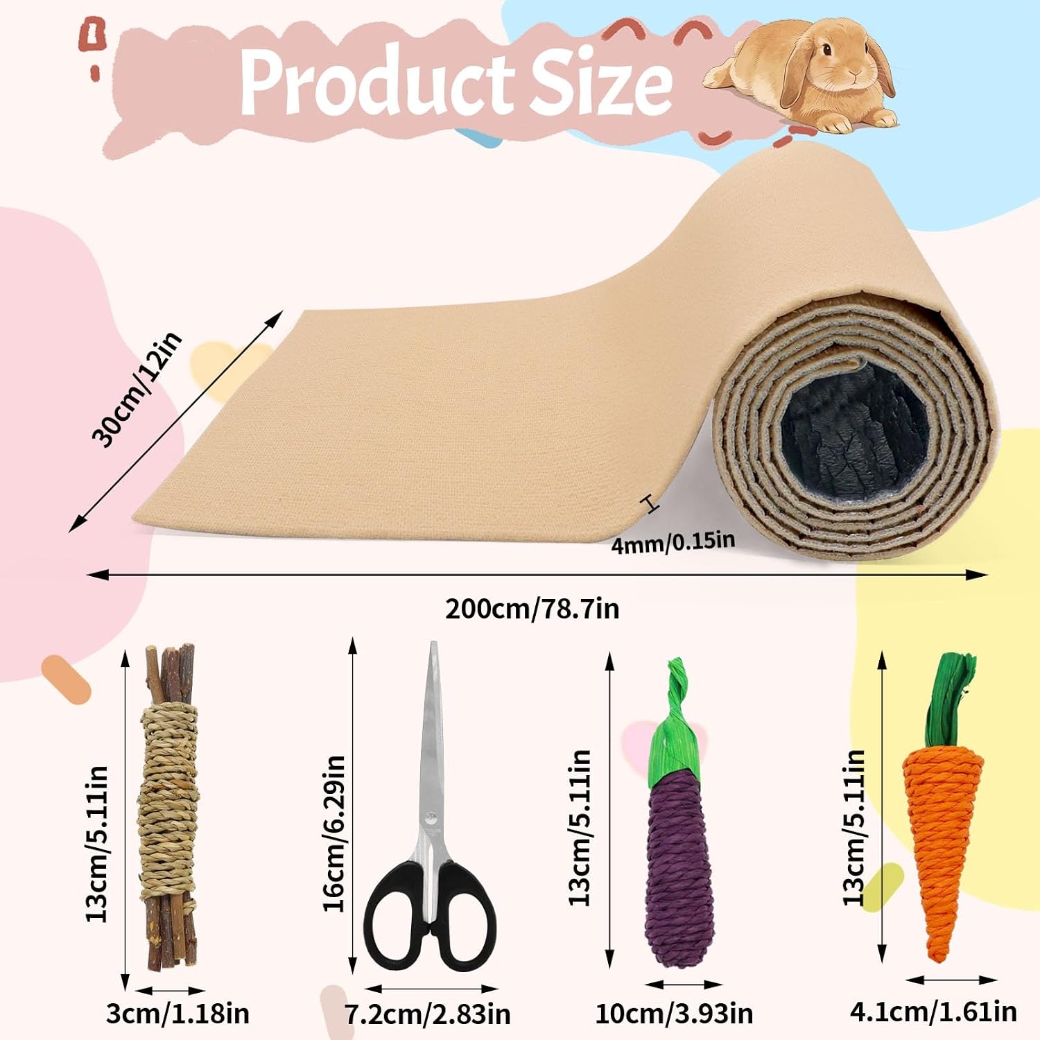 Rabbit Scratching Pad Set, 12 Inch X 6.56 Bunny Scratch Pad with Bunny Toys & Scissors, Trimmable Self-Adhesive Mat for Claw Teeth Care, Cage & Furniture Protector for Rabbits Small Animals