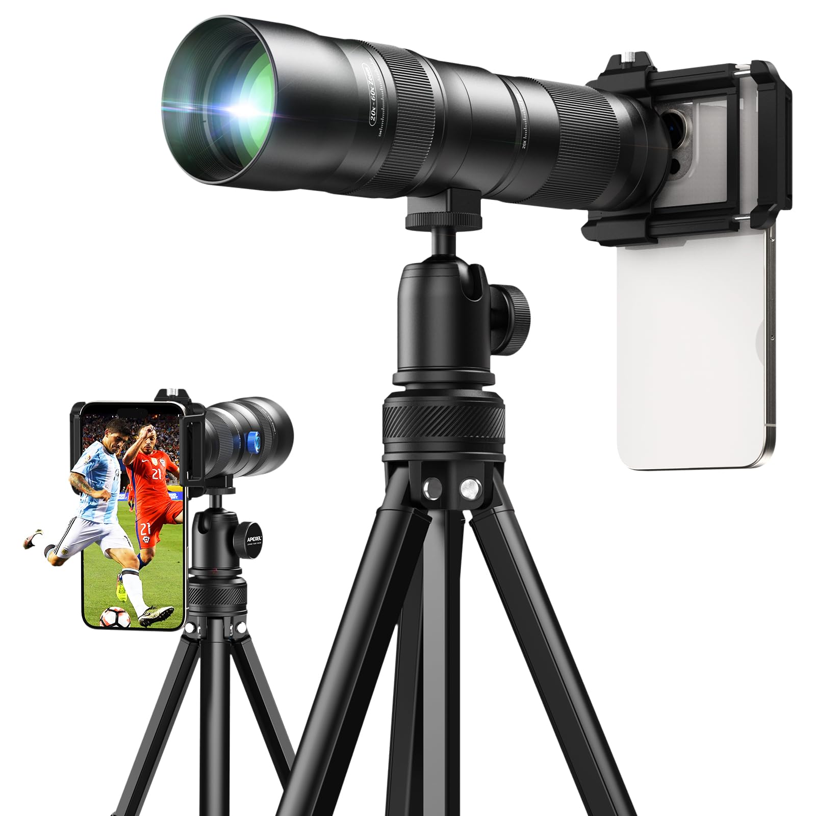 Apexel 20-60X profesjonalna długa obserwacja ptaków z adapterem do smartfona - odpowiednik 480-1440 mm, kompaktowy teleobiektyw zmiennoogniskowy