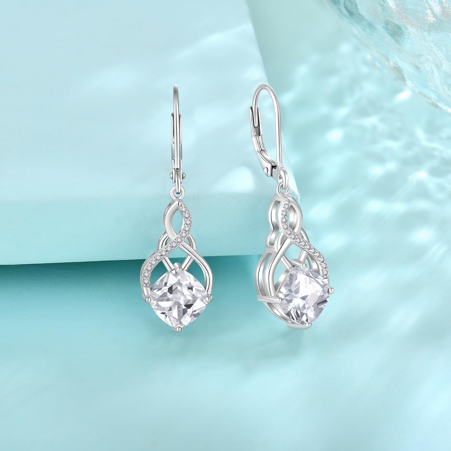 Princess Cut Leverback Dangle Drop Earrings 925 Sterling Silver Infinity Knot Earrings Birthstone Jewelry Gifts for Women